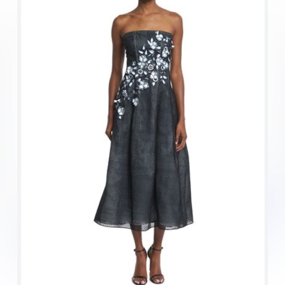 Sachin & Babi noir floral sequin eyelet strapless dress Sz 6